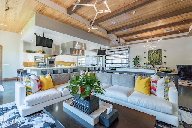 living room featuring wood ceiling, beam ceiling, and sink