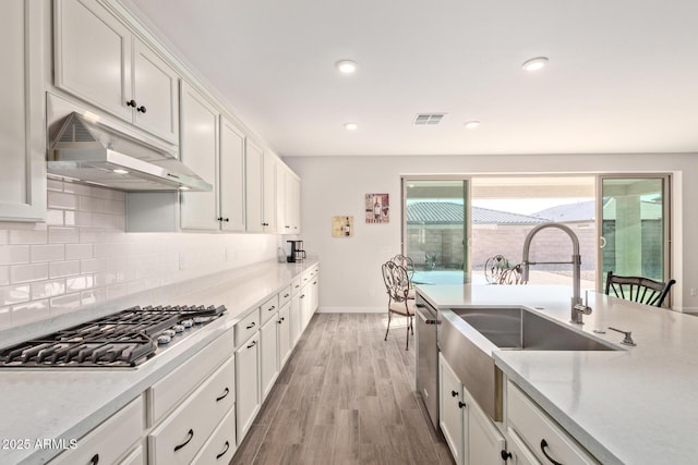 kitchen featuring under cabinet range hood, stainless steel appliances, a sink, visible vents, and decorative backsplash