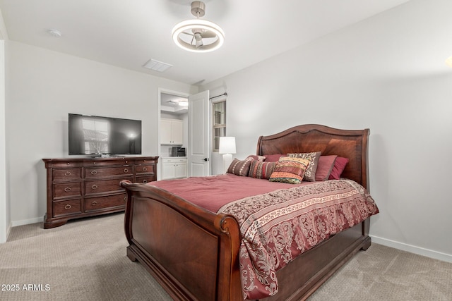 bedroom featuring light carpet, visible vents, and baseboards