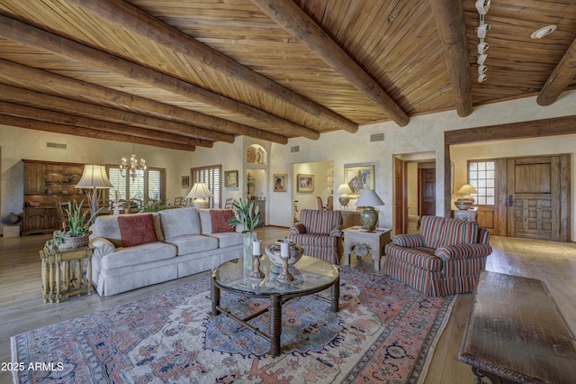 living area with beamed ceiling, wood ceiling, visible vents, and wood-type flooring