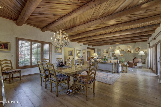 dining space featuring an inviting chandelier, wood ceiling, wood-type flooring, and beam ceiling