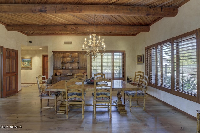 dining room featuring beamed ceiling, visible vents, a notable chandelier, wood-type flooring, and wood ceiling