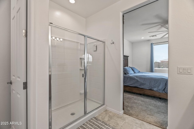 ensuite bathroom featuring visible vents, a stall shower, recessed lighting, connected bathroom, and ceiling fan