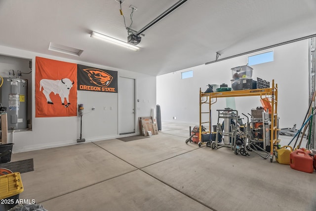 garage featuring a garage door opener and water heater