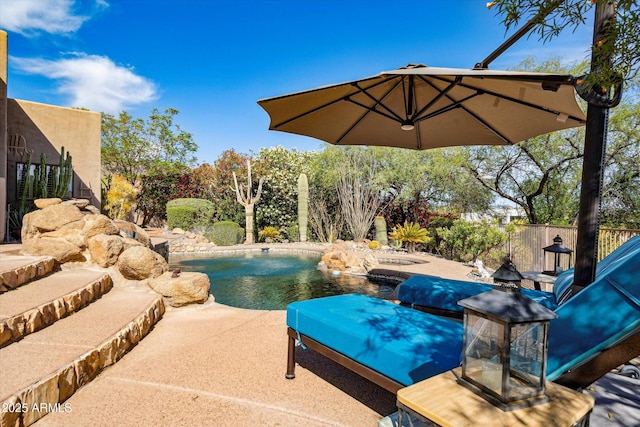 view of pool with a hot tub and a patio