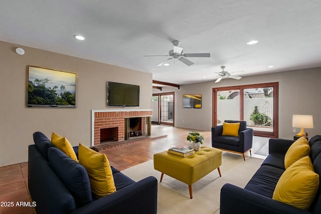 living area with a fireplace and recessed lighting