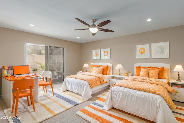 bedroom featuring a ceiling fan and recessed lighting