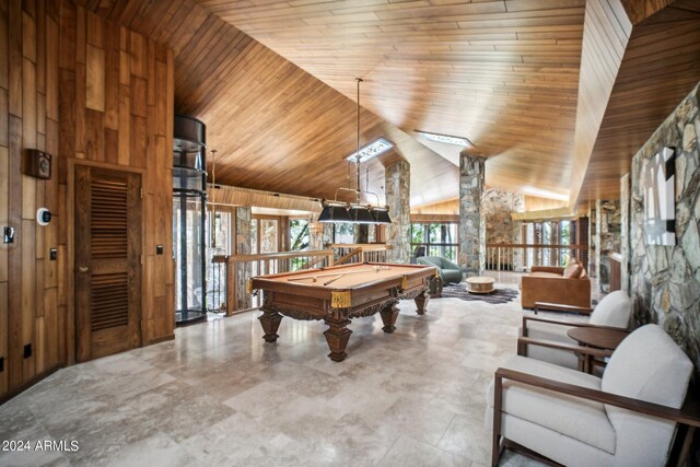 game room featuring high vaulted ceiling, plenty of natural light, wood ceiling, and pool table