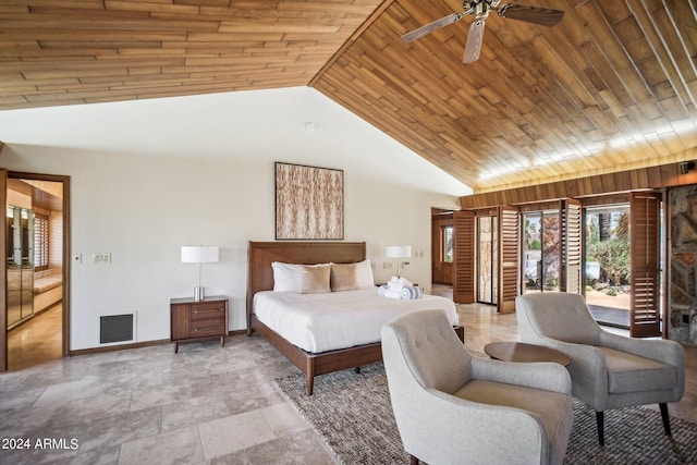 unfurnished bedroom featuring access to outside, ceiling fan, high vaulted ceiling, and wood ceiling