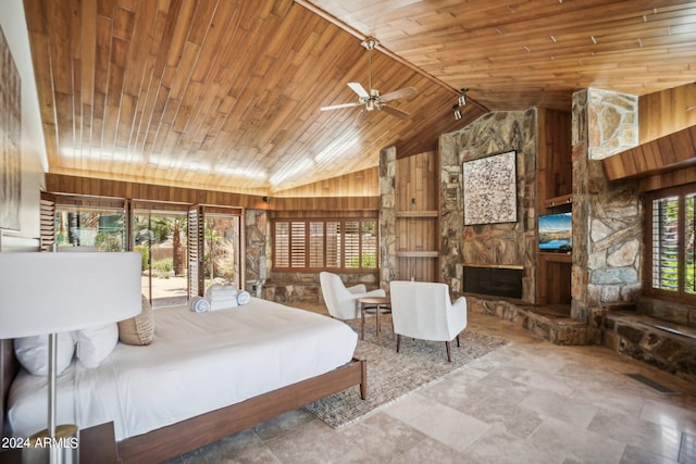 bedroom featuring ceiling fan, high vaulted ceiling, wood walls, a fireplace, and wood ceiling