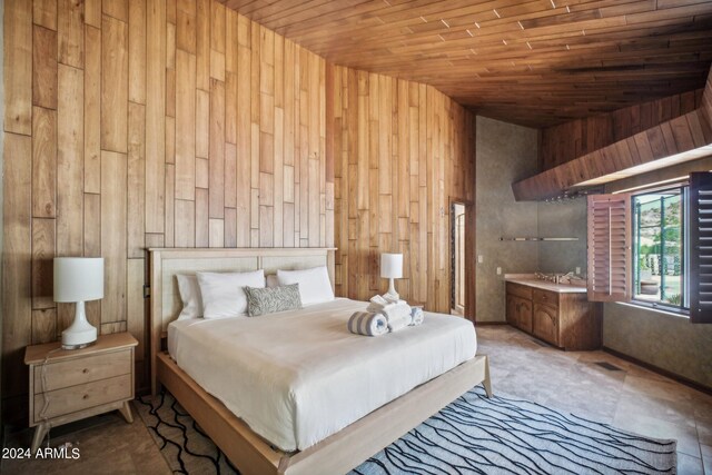 unfurnished bedroom featuring vaulted ceiling, wooden ceiling, and wood walls