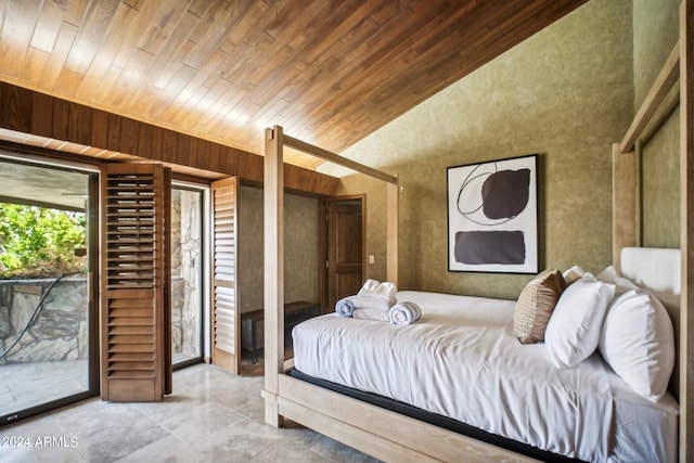 bedroom featuring access to outside, high vaulted ceiling, and wooden ceiling