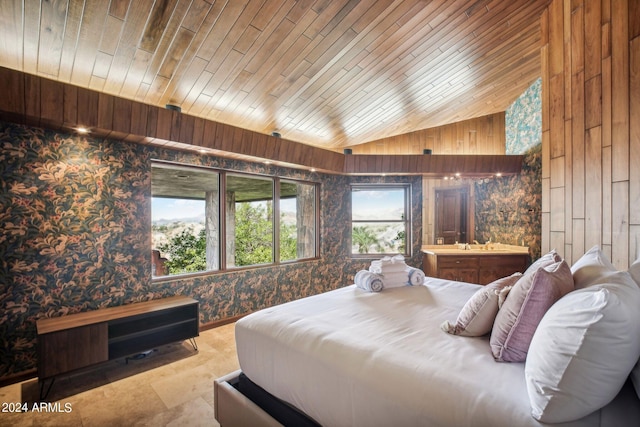 bedroom with vaulted ceiling, wooden walls, and wood ceiling