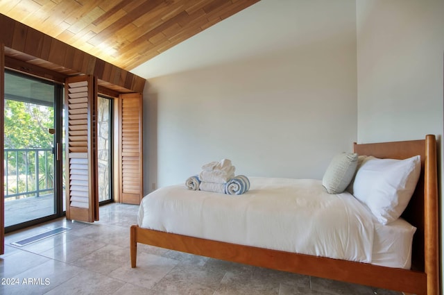 bedroom with access to outside, wood ceiling, and vaulted ceiling