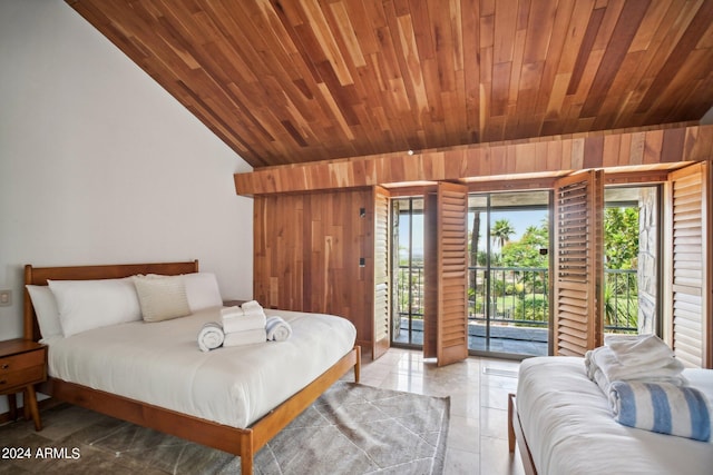 tiled bedroom with access to outside, lofted ceiling, and wood ceiling