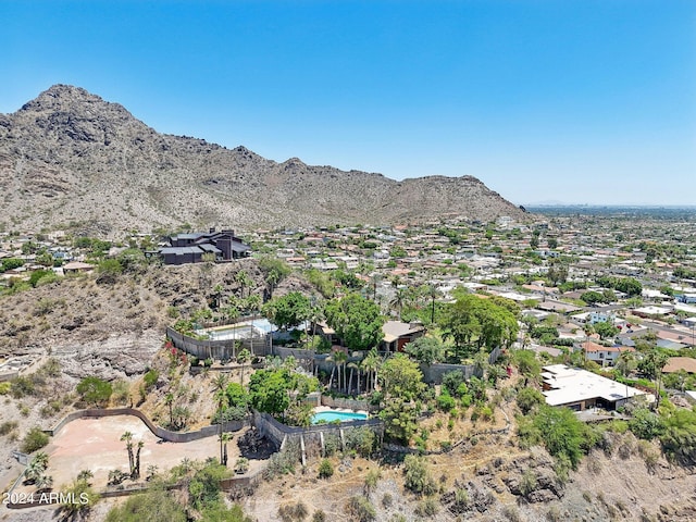 drone / aerial view featuring a mountain view