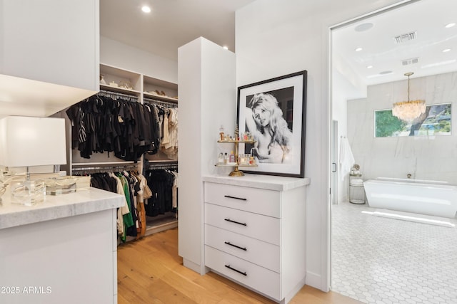 spacious closet with visible vents and light wood-style floors
