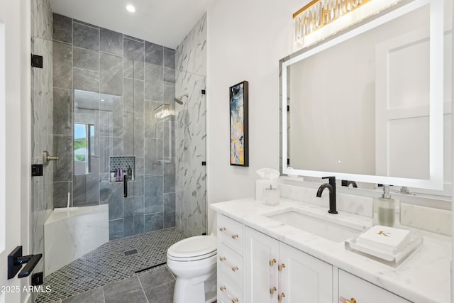 full bathroom with vanity, recessed lighting, a stall shower, and toilet