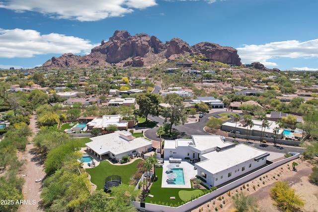 aerial view featuring a residential view and a mountain view