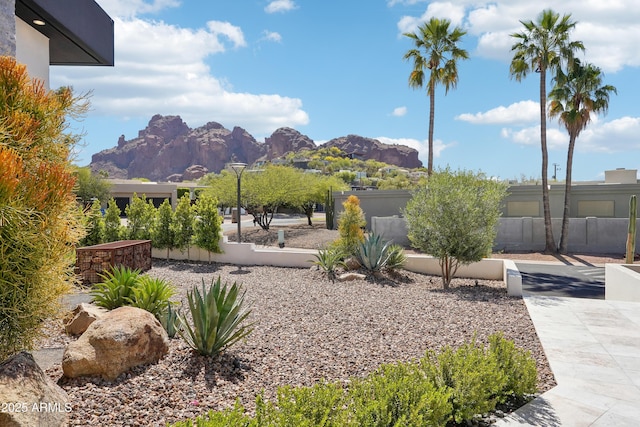 view of community featuring a mountain view and fence