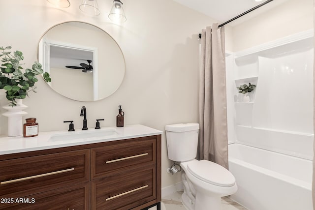 full bathroom with toilet, shower / tub combo, a ceiling fan, and vanity