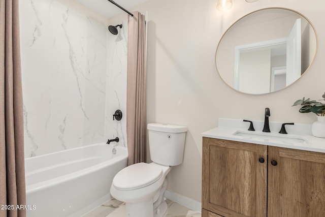 bathroom featuring toilet, vanity, baseboards, marble finish floor, and shower / bath combo