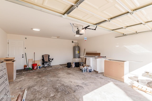 garage with water heater and a garage door opener