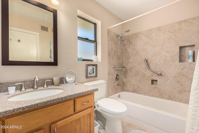 full bathroom with shower / bath combination with curtain, vanity, and toilet