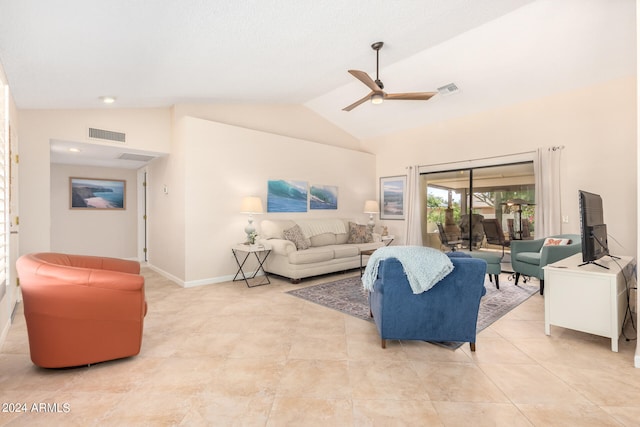 living room featuring high vaulted ceiling and ceiling fan