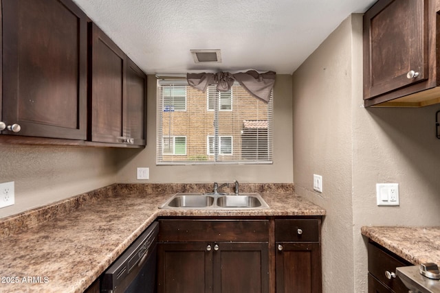 16225 N 30th St Unit 11, Phoenix, AZ 85032 - kitchen featuring a sink, dishwasher, a textured wall, dark brown cabinets, and a textured ceiling