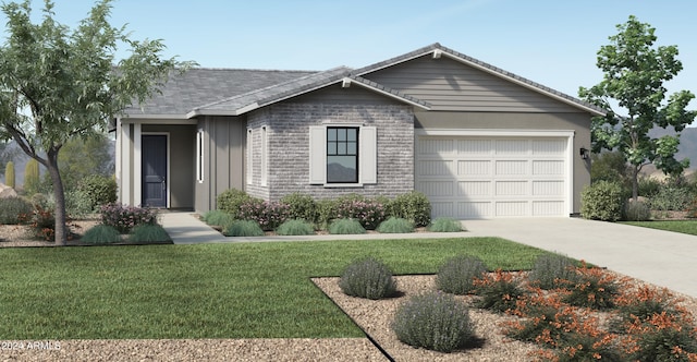 ranch-style home with a garage and a front yard