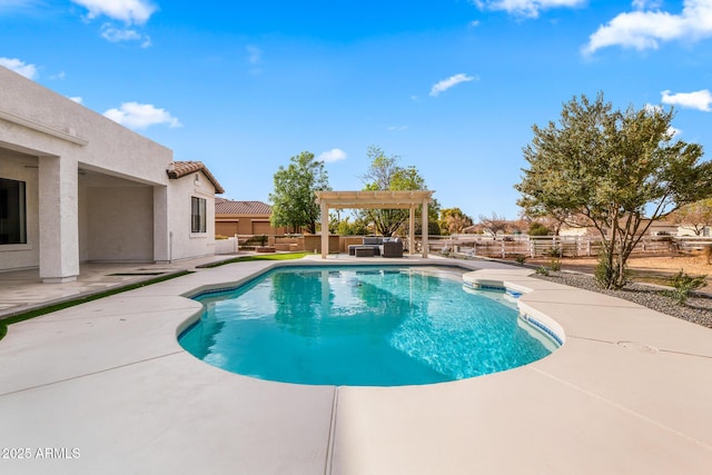 view of swimming pool featuring an outdoor living space, a pergola, and a patio