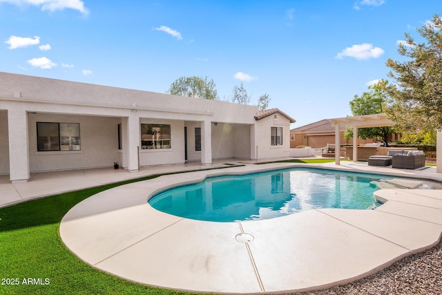 view of pool with an outdoor living space, a pergola, and a patio area