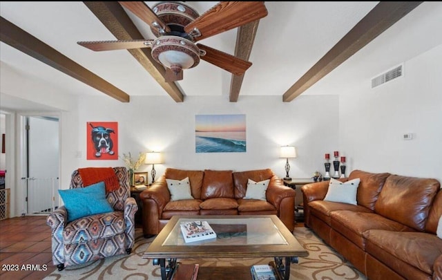 tiled living room featuring beamed ceiling, ceiling fan, and radiator heating unit