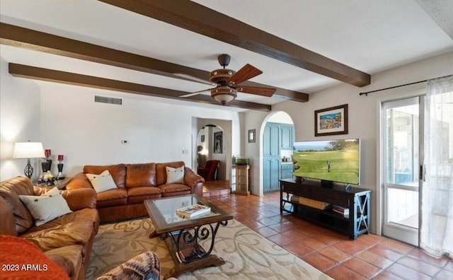 living room with beam ceiling, ceiling fan, and tile patterned floors