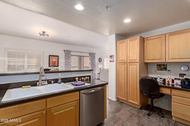 19700 N 76th St Unit 1040, Scottsdale, AZ 85255 - kitchen featuring dishwasher, dark countertops, built in desk, light brown cabinetry, and recessed lighting