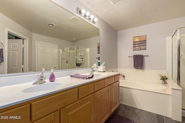 19700 N 76th St Unit 1040, Scottsdale, AZ 85255 - full bath featuring a shower stall, double vanity, a garden tub, and stone finish flooring