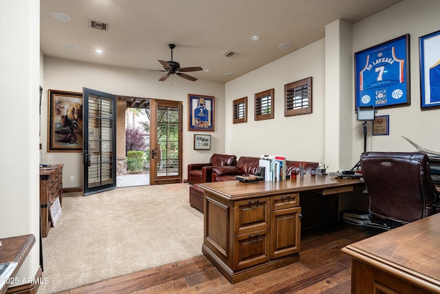 4610 E Meadowview Dr, Gilbert, AZ 85298 - office space featuring ceiling fan, dark wood-style floors, french doors, recessed lighting, and baseboards