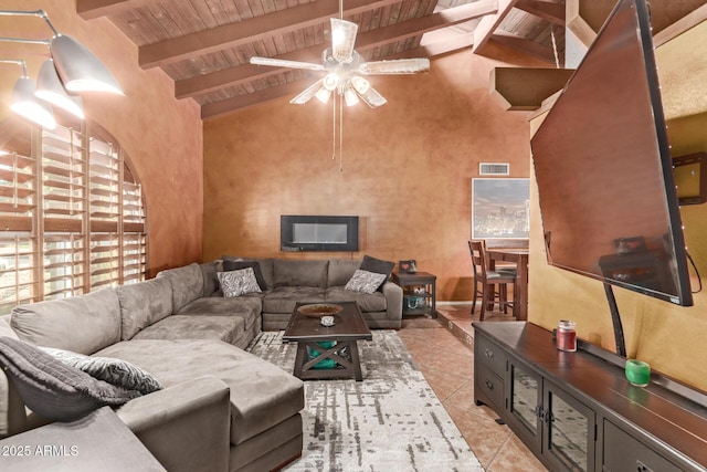 living room featuring light tile patterned flooring, wooden ceiling, high vaulted ceiling, ceiling fan, and beam ceiling