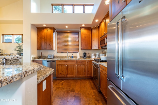 kitchen with sink, premium appliances, dark wood-type flooring, light stone countertops, and a healthy amount of sunlight