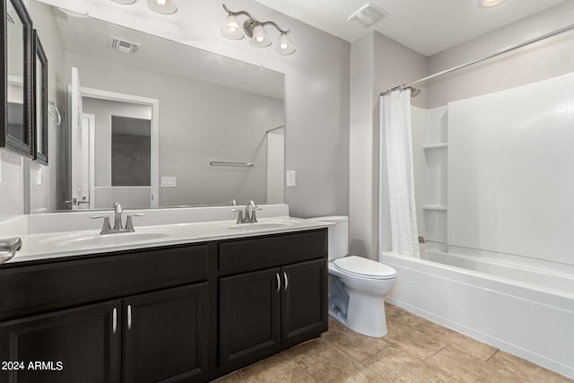 full bathroom featuring tile patterned flooring, vanity, shower / bathtub combination with curtain, and toilet