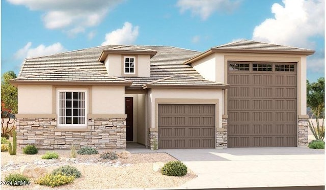 prairie-style home featuring stone siding, stucco siding, an attached garage, and concrete driveway