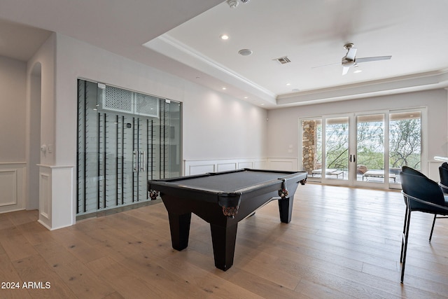11328 E Dreyfus Ave, Scottsdale, AZ 85259 - playroom featuring a raised ceiling, pool table, wainscoting, ceiling fan, and a decorative wall
