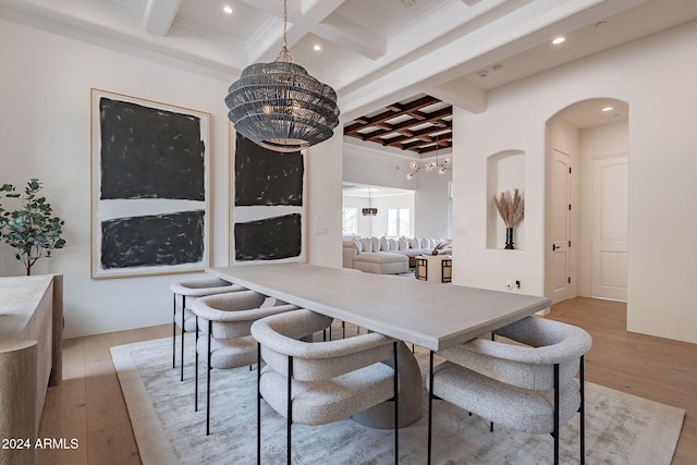 11328 E Dreyfus Ave, Scottsdale, AZ 85259 - dining area with coffered ceiling, beamed ceiling, light wood finished floors, arched walkways, and recessed lighting