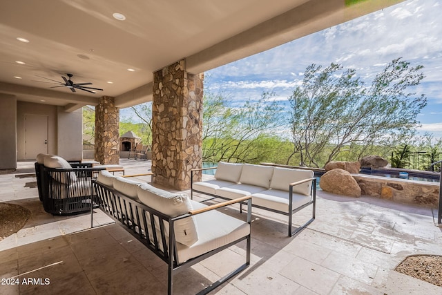 11328 E Dreyfus Ave, Scottsdale, AZ 85259 - view of patio featuring outdoor lounge area, a jacuzzi, and a ceiling fan