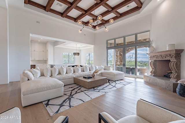11328 E Dreyfus Ave, Scottsdale, AZ 85259 - living area with a chandelier, healthy amount of natural light, beamed ceiling, coffered ceiling, and wood-type flooring