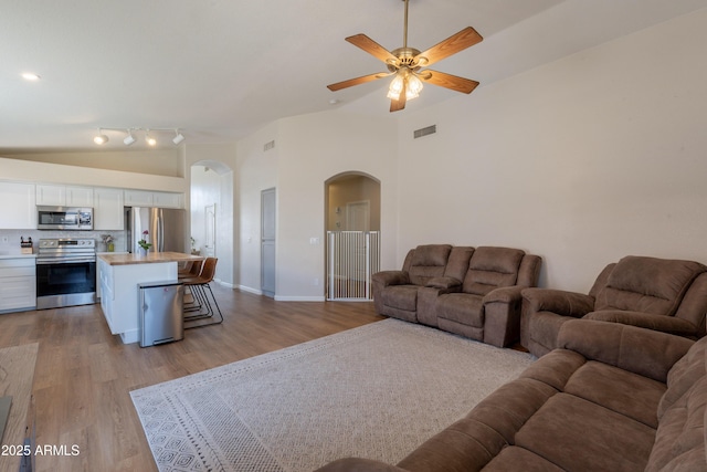 15128 W Melissa Ln, Surprise, AZ 85374 - living area with arched walkways, lofted ceiling, a ceiling fan, wood finished floors, and baseboards