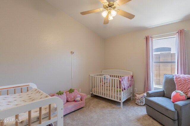 15128 W Melissa Ln, Surprise, AZ 85374 - carpeted bedroom featuring lofted ceiling, a crib, and a ceiling fan