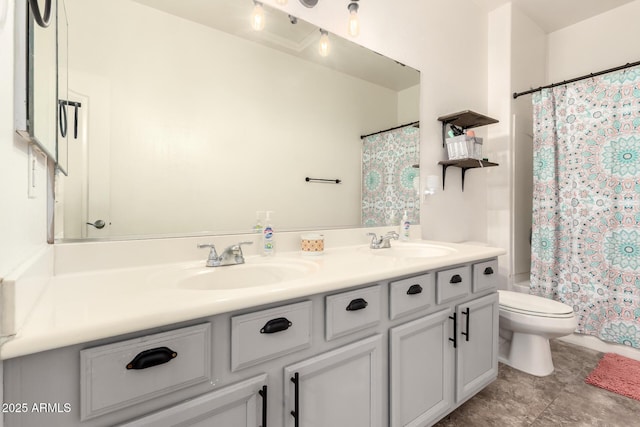 120 E Concorda Dr, Tempe, AZ 85282 - bathroom with double vanity, shower / bathtub combination with curtain, a sink, and toilet