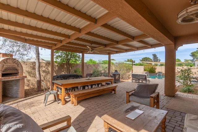 120 E Concorda Dr, Tempe, AZ 85282 - view of patio / terrace featuring ceiling fan, outdoor dining space, a fenced backyard, and a fenced in pool
